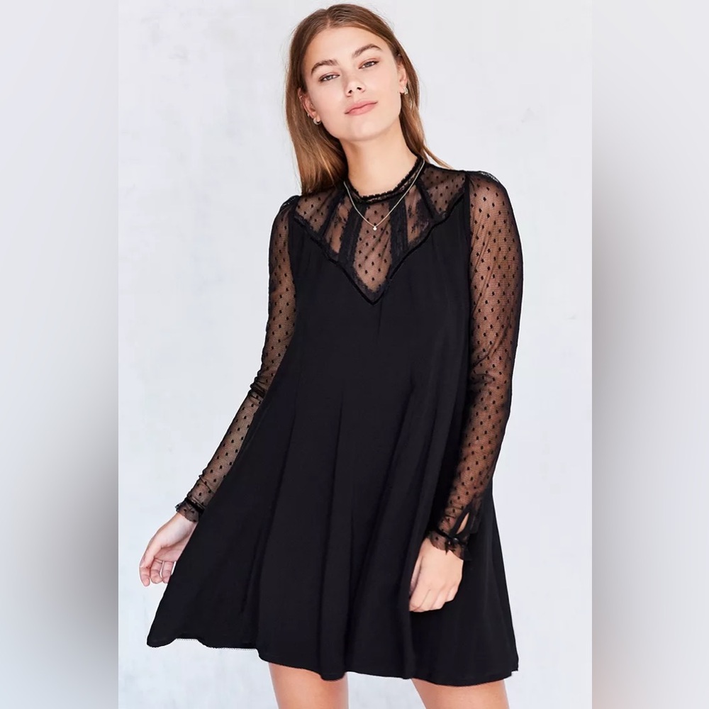 $98 UO Kimchi Blue Constance Embroidered Black Mesh Mock Neck Frock Dress XS